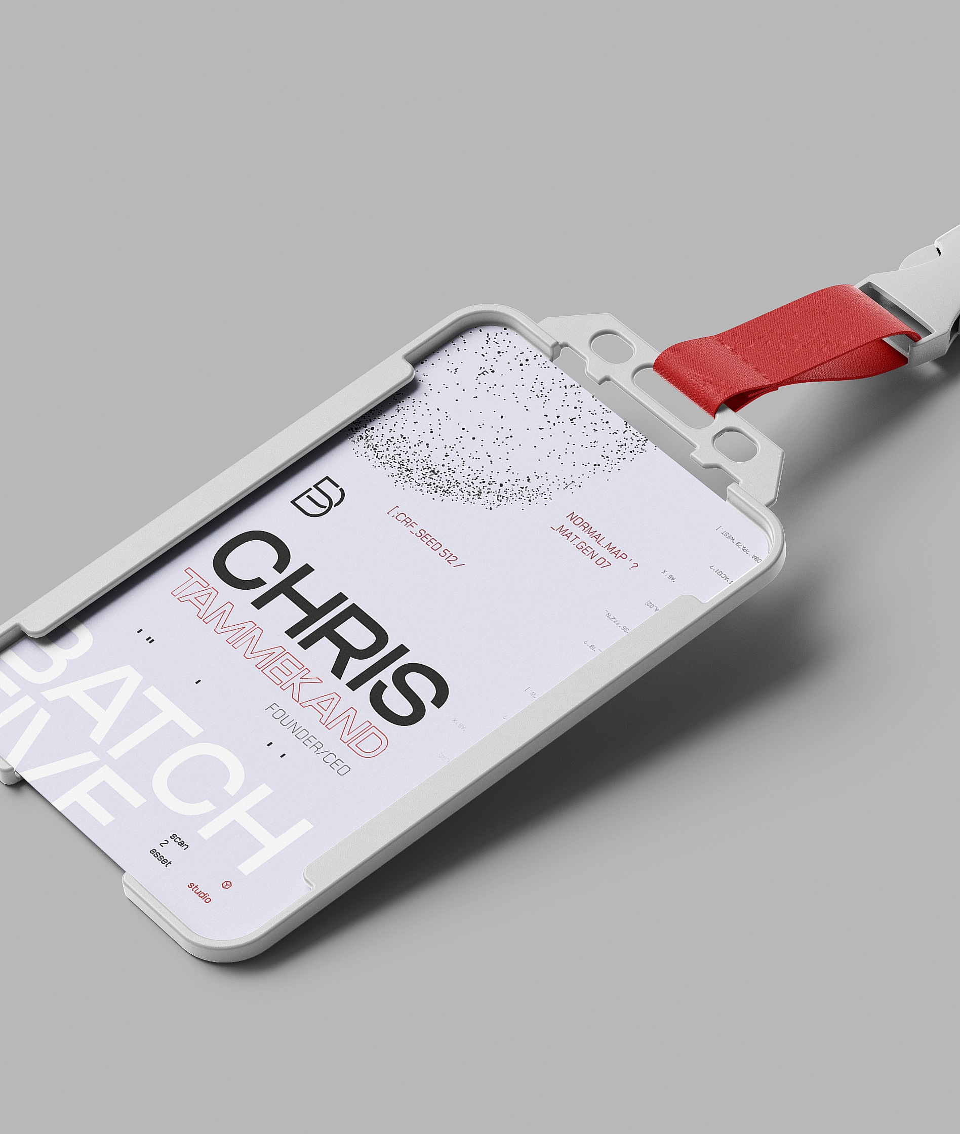 A Batchfive ID card for Chris Tammekand, Founder/CEO, in a light grey holder on a red lanyard