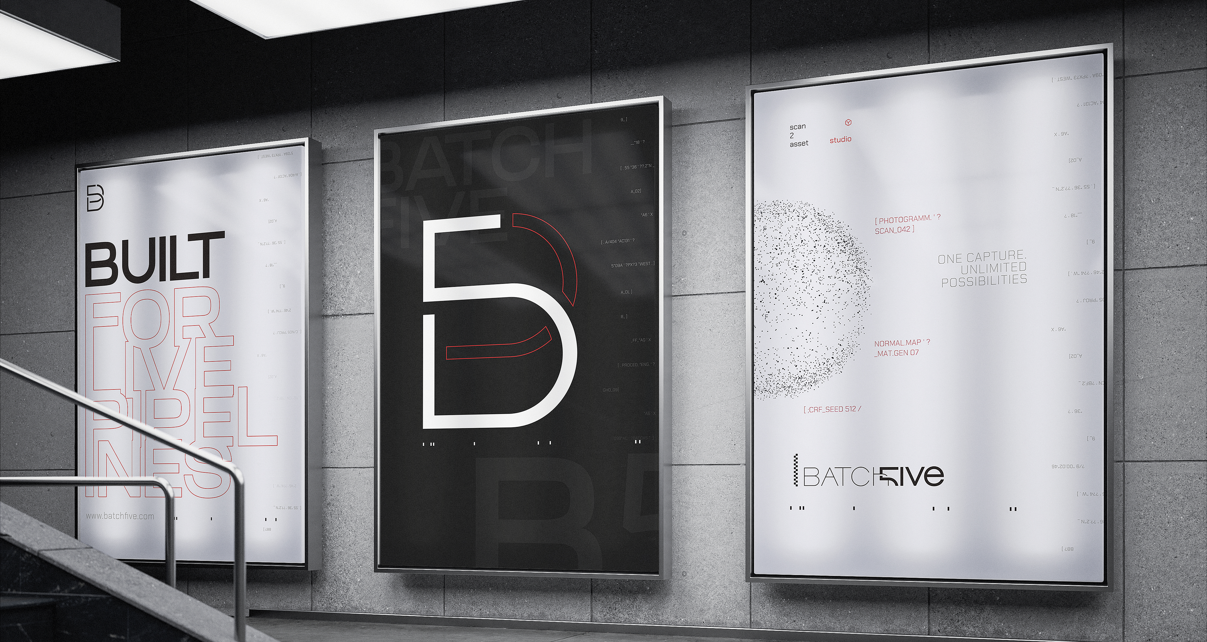 Three lit Batchfive posters on a station wall by a staircase: “Built for live pipelines”, the B5 mark, and a dot sphere with code labels