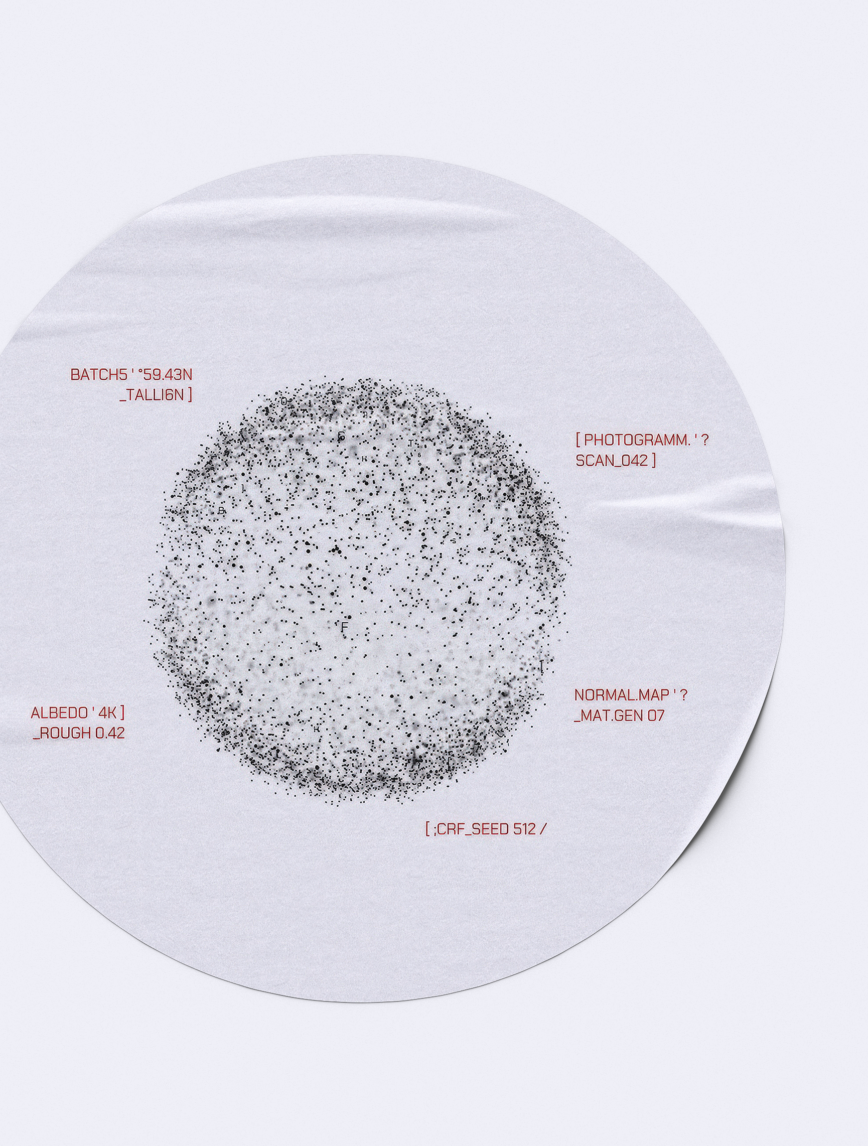 A round Batchfive sticker with a scattered dot sphere and red code labels