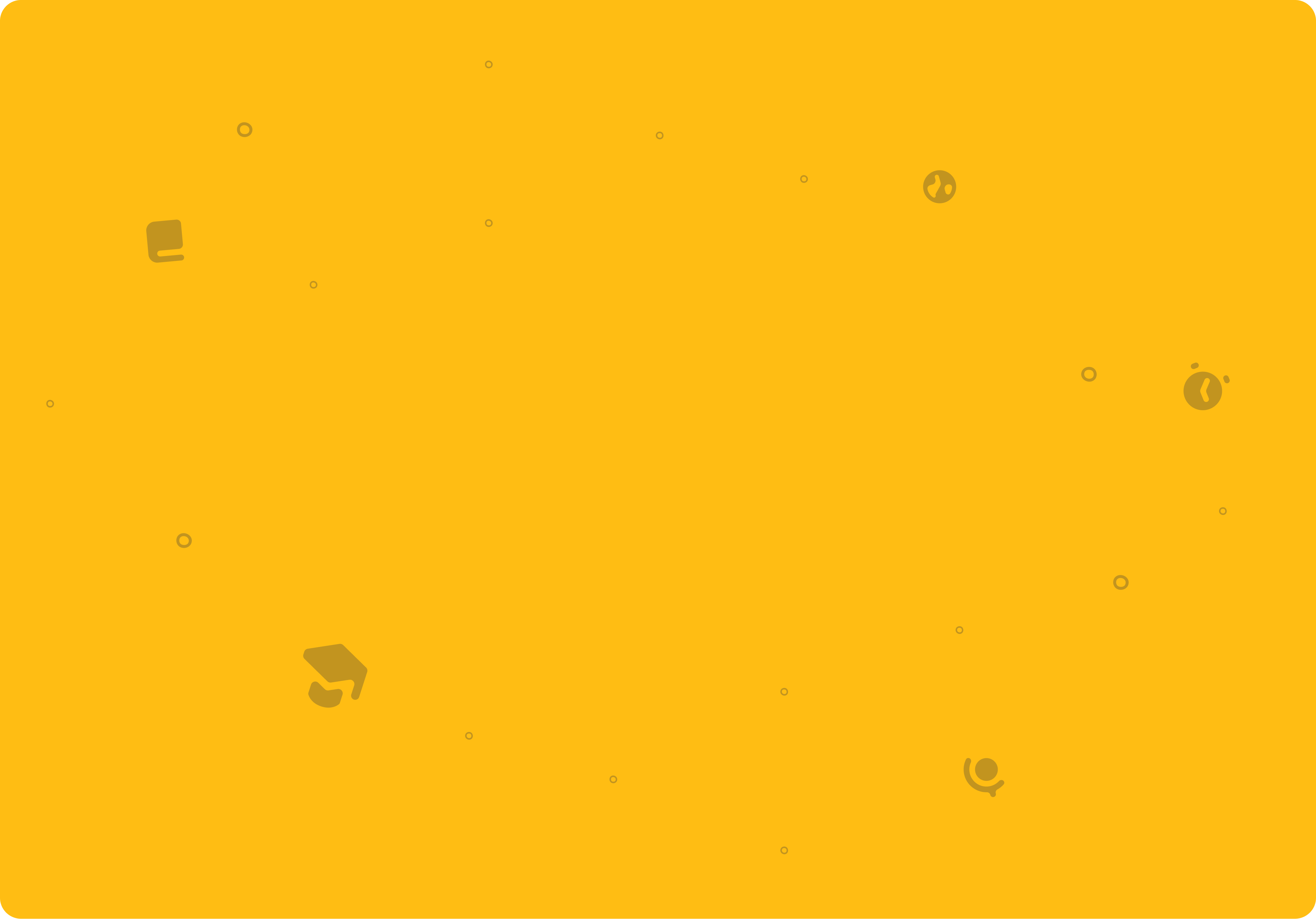 Sunny yellow scattered with darker school icons, a book, a globe, a stopwatch and a mortarboard, among small rings