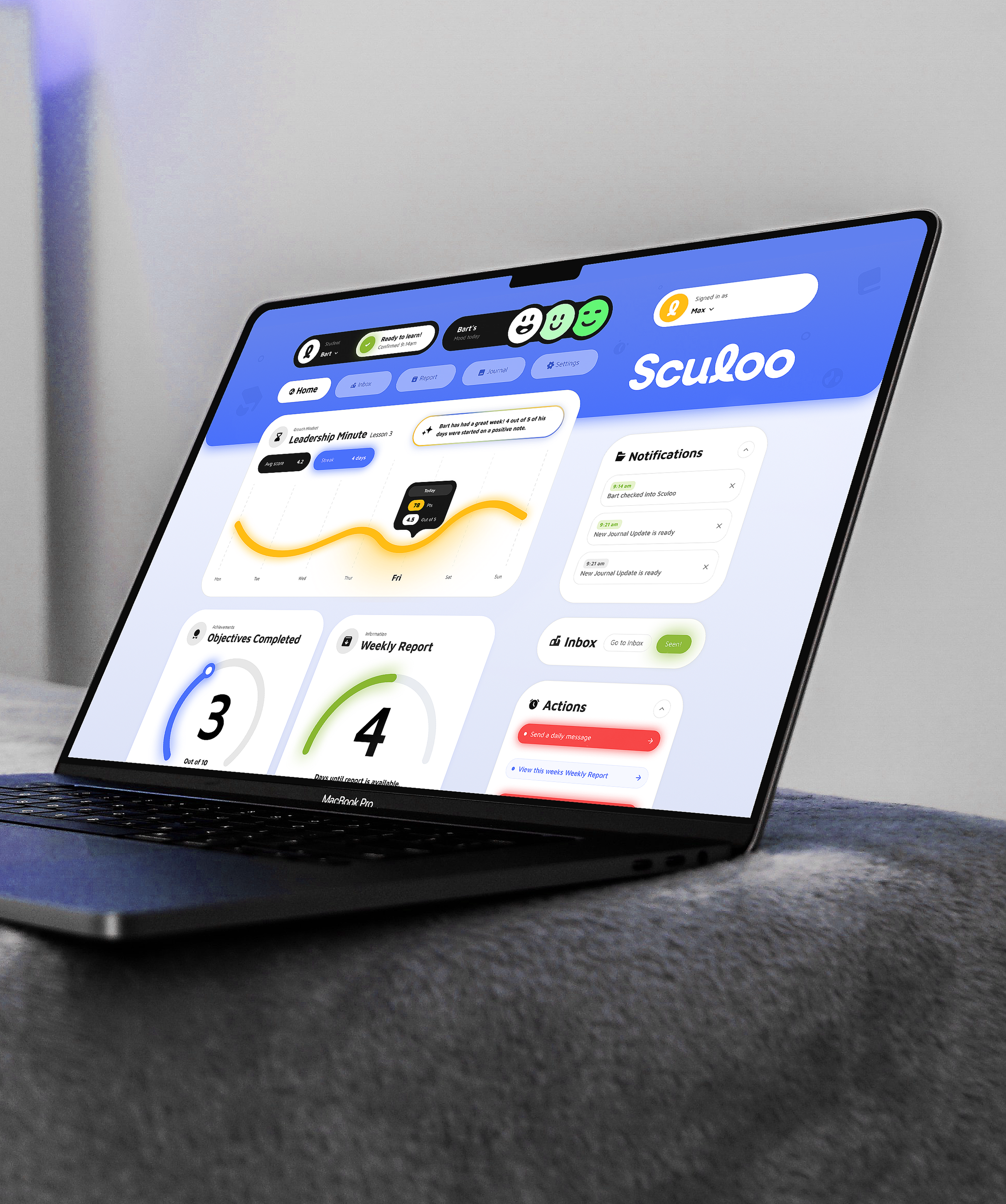 A MacBook Pro on a grey throw showing the Sculoo parent dashboard: mood faces, the leadership-minute chart, notifications, objectives completed and the weekly report