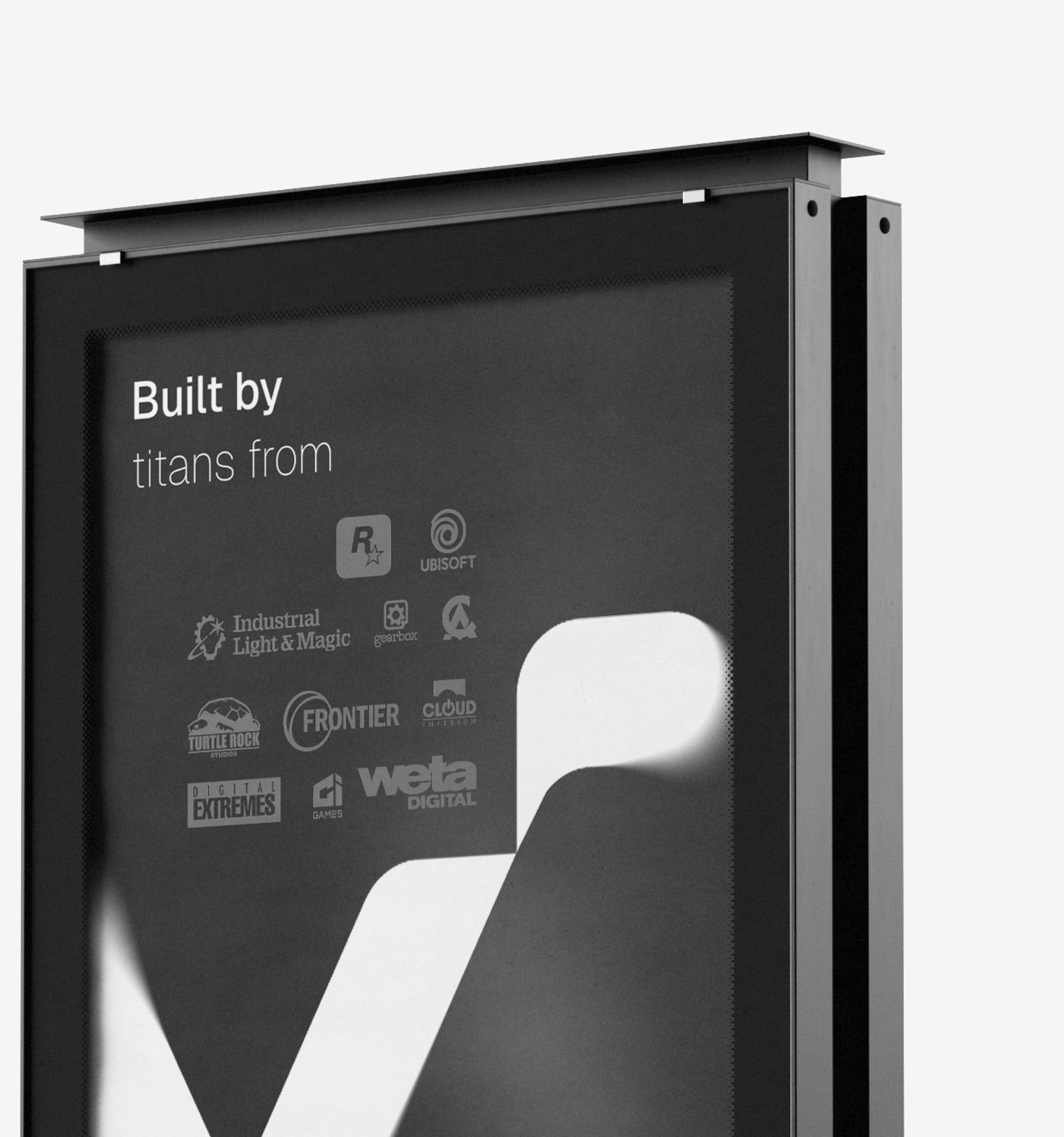 A Vertpaint bus stop advert reading “Built by titans from”, with studio logos